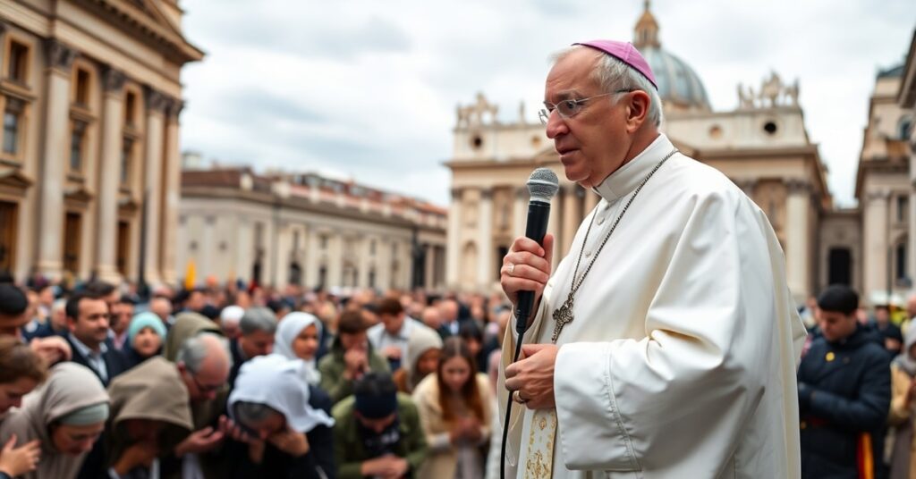 Bishop Robert Francis Prevost delivers Angelus prayer in St. Peter's Square amid pilgrims