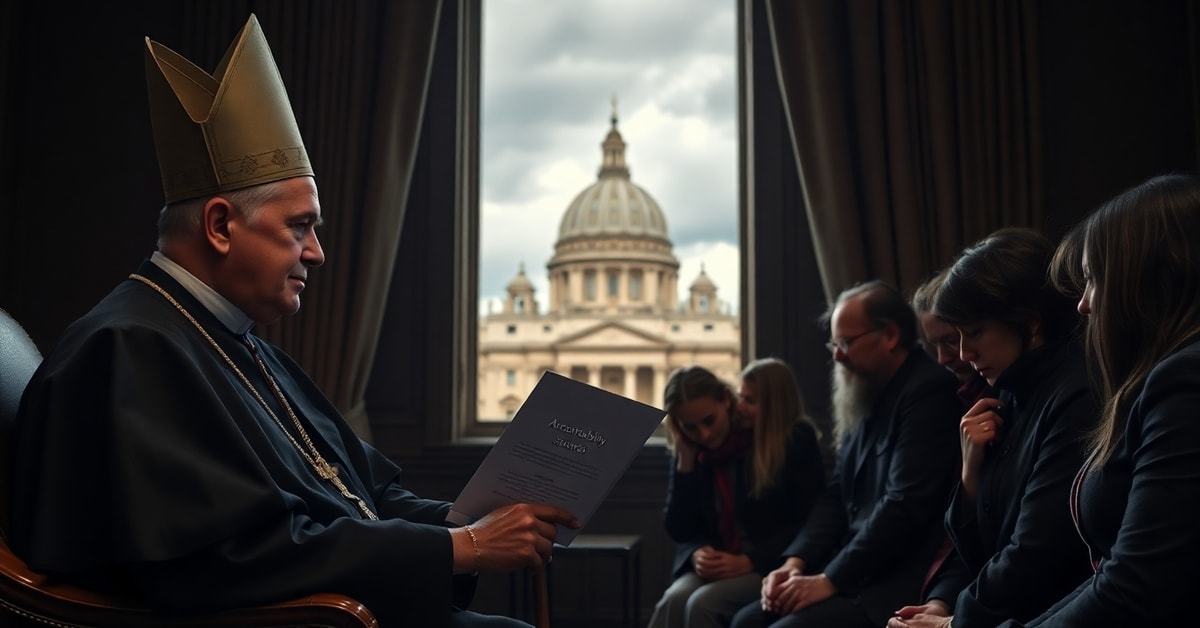 Solemn Catholic bishop in prayerful dialogue with abuse survivors in a Vatican office under stormy skies.