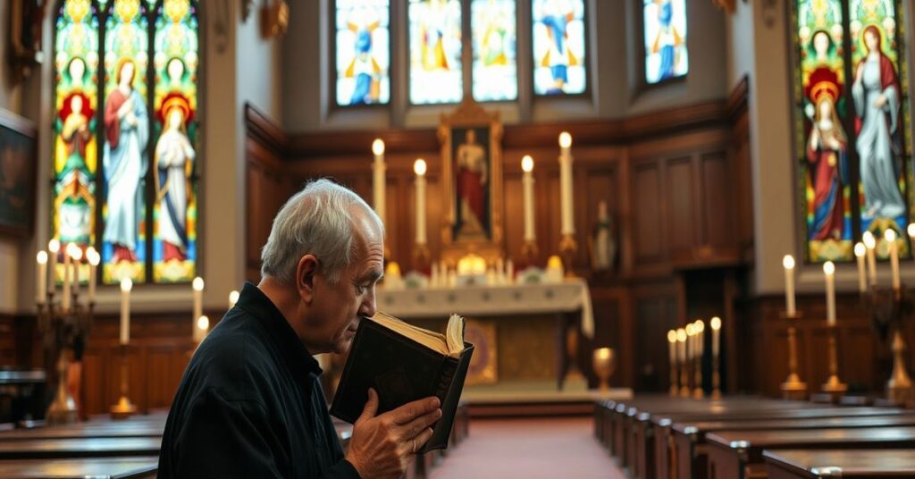 Elderly Catholic man praying in a traditional church, reflecting on the apostasy of the modernist sect.