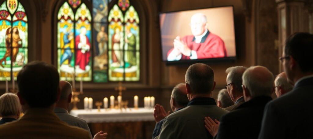 A solemn church interior contrasting true Catholic devotion with modernist distortions during Fulton Sheen's beatification.