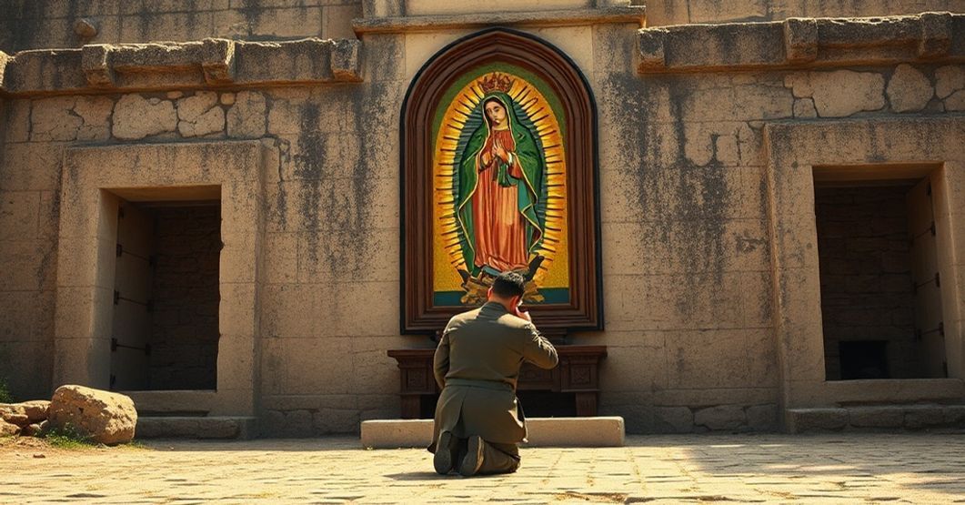 Sedevacantist Catholic critique of Our Lady of Guadalupe syncretism depicted through St. Juan Diego's prayer at the ancient chapel ruins of Tepeyac.