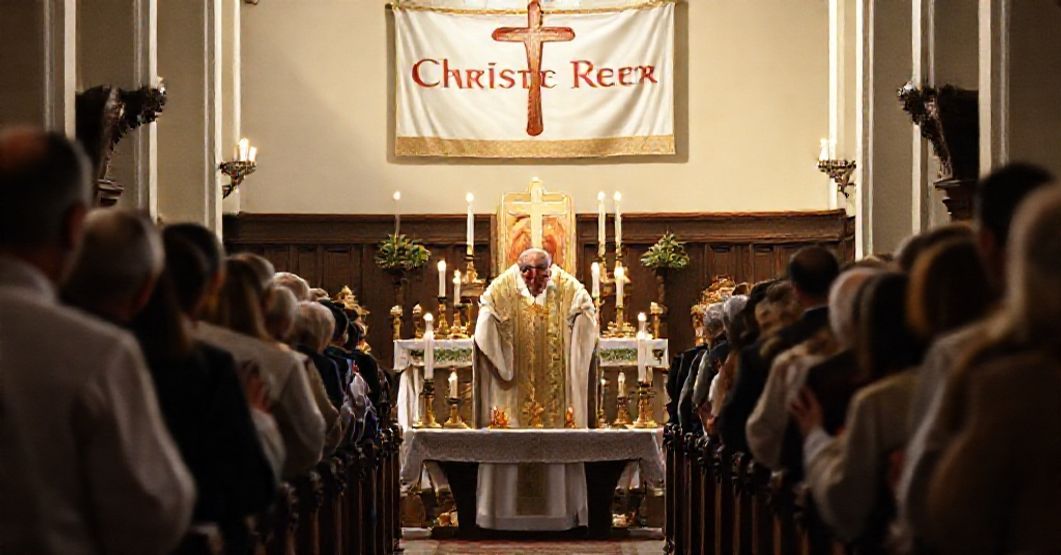 Traditional Catholic Mass led by sedevacantist priest in solemn church setting with congregants in prayer.