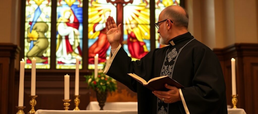 Sedevacantist priest in traditional cassock blessing altar with Pentecost stained glass window in background.
