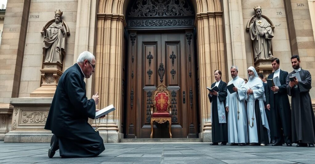 Sedevacantist priest praying before a closed cathedral door with a group of faithful Catholics in solemn devotion.