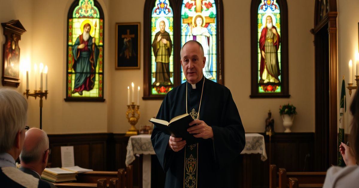 Sedevacantist Catholic priest in traditional cassock addressing a small congregation in a modest chapel adorned with sacral artifacts.