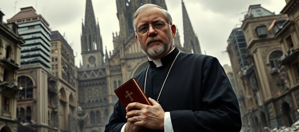 Sedevacantist priest in traditional cassock standing before a crumbling modernist cathedral, symbolizing resistance to Modernism and the conciliar sect.