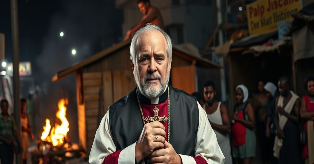 A sedevacantist Catholic priest in traditional vestments stands before a burning Haitian shack, holding a crucifix, with distressed Haitian immigrants behind him.