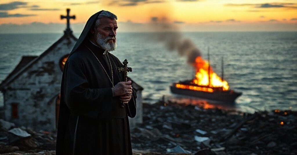 Sedevacantist priest in traditional cassock before a destroyed church and burning vessel at sea, symbolizing betrayal of divine justice by compromised clergy