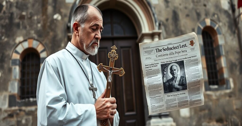 Sedevacantist priest in traditional vestments holding a newspaper with Conciliar Sect's 'Pope' Leo XIV's message.