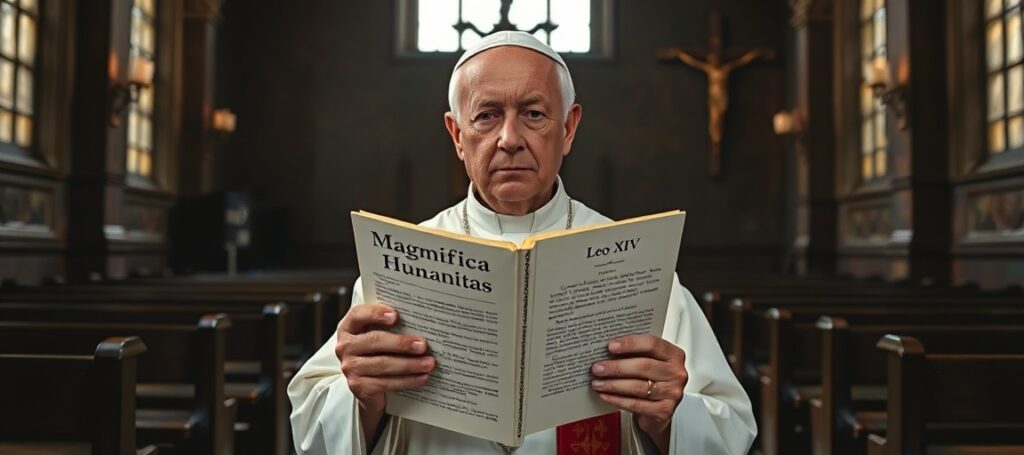 Sedevacantist priest holding Leo XIV's encyclical in an abandoned church, symbolizing the critique of modernist errors in Catholic doctrine.