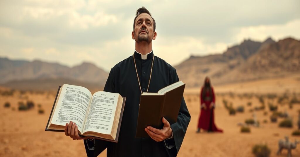 A sedevacantist priest in traditional vestments stands in a desert, holding an open Bible with Matthew 4:1-11 visible, defying a faintly visible Satanic figure in the background.