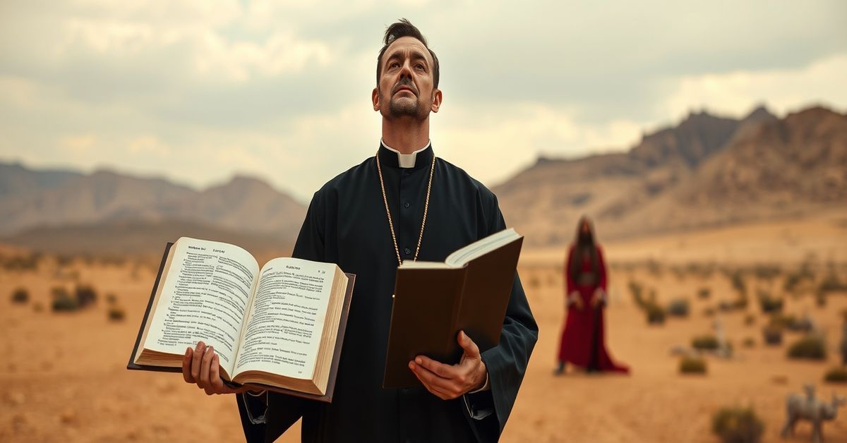 A sedevacantist priest in traditional vestments stands in a desert, holding an open Bible with Matthew 4:1-11 visible, defying a faintly visible Satanic figure in the background.
