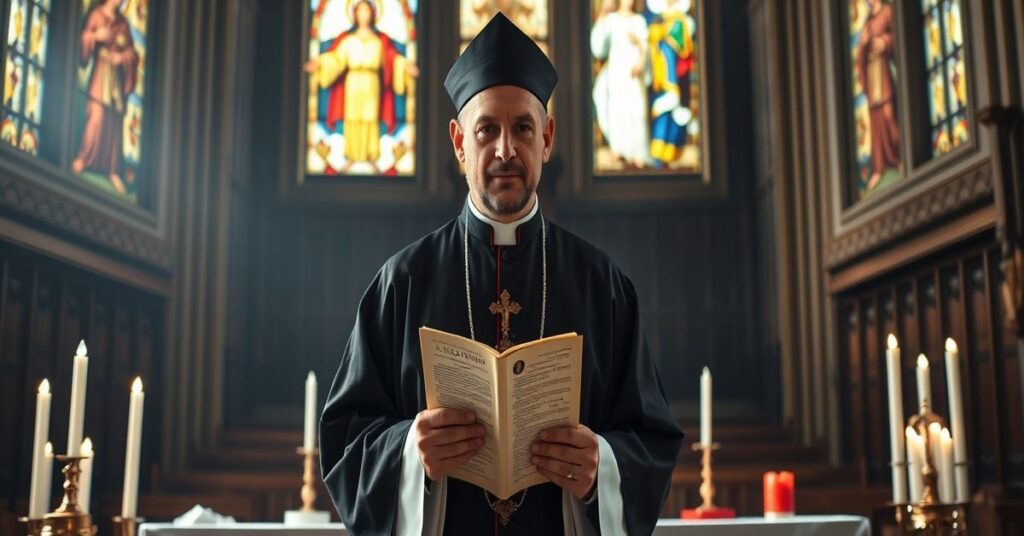 Sedevacantist priest in traditional cassock holding Pope Pius XI's Quas Primas in an empty post-conciliar cathedral.