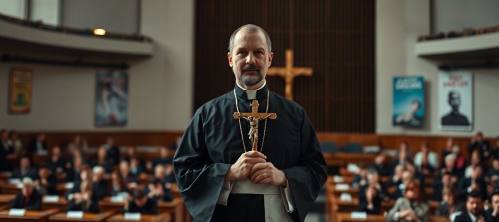 A sedevacantist priest in traditional cassock addresses the European Parliament on demographic collapse and apostasy, holding a crucifix against modernist symbols of heresy.