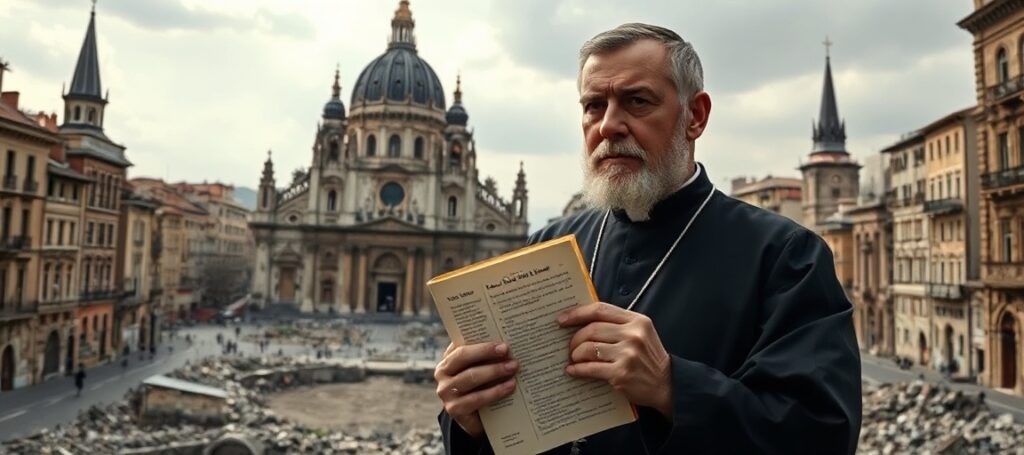 A sedevacantist priest stands before a ruined European cathedral, holding Quas Primas, symbolizing Europe's demographic and spiritual crisis.