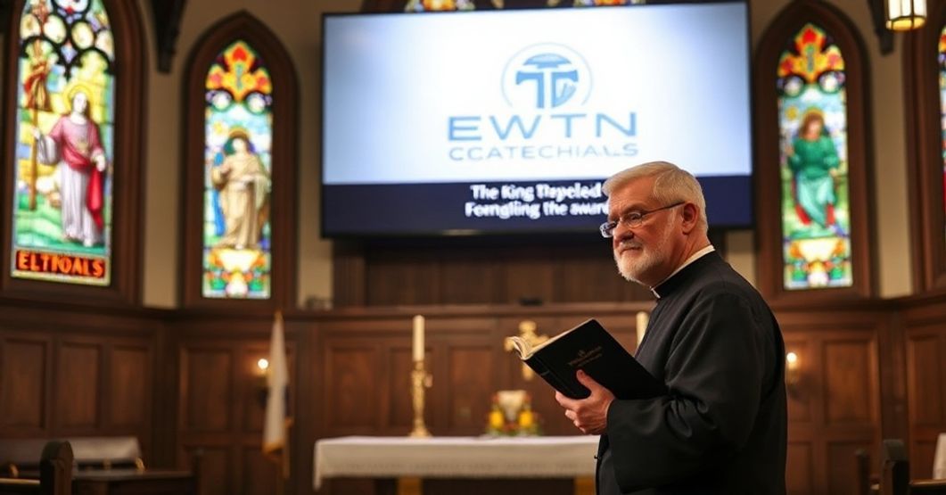 A sedevacantist priest in traditional vestments stands solemnly in a Catholic church, holding a catechism while a muted EWTN broadcast plays in the background, symbolizing the conflict between true doctrine and modernist media.