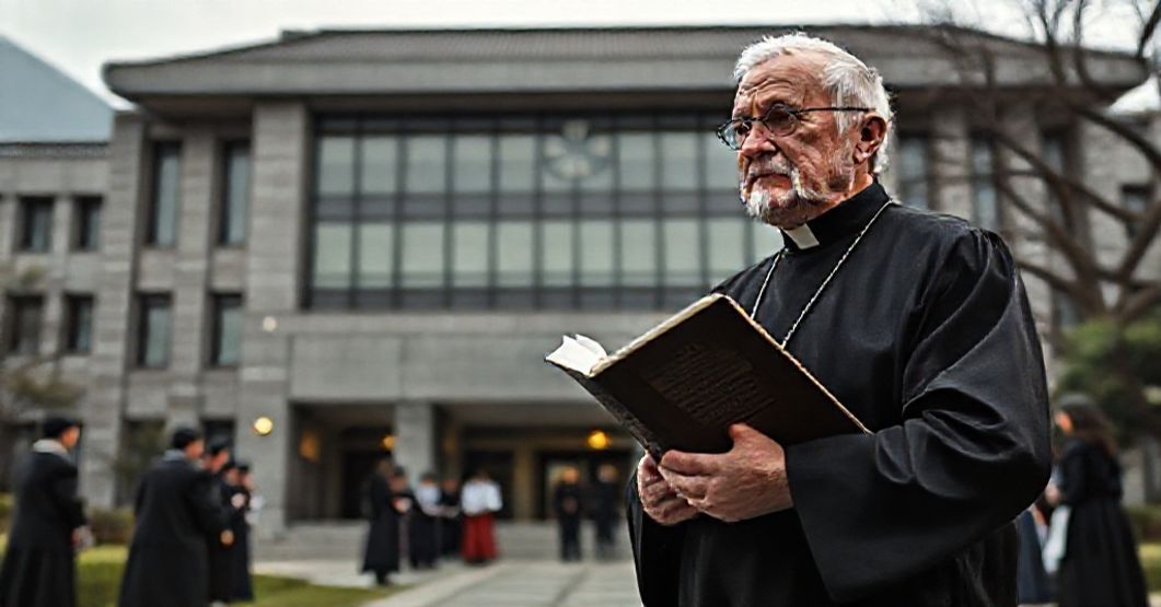 Sedevacantist priest in black cassock holding Quas Primas (1925) before Fu Jen Catholic University in Taiwan, juxtaposing original Christocentric architecture with modernist 1961 reconstruction.