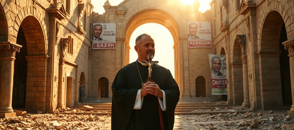 Sedevacantist Catholic priest in traditional vestments stands before a ruined church in Gaza, holding a crucifix and gazing at an empty papal throne, symbolizing the absence of Christ the King's reign amid modernist propaganda.