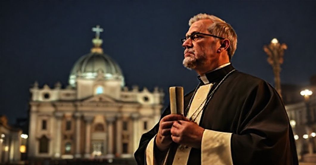 Sedevacantist Catholic priest standing solemnly before Lateran Basilica, holding a missal.