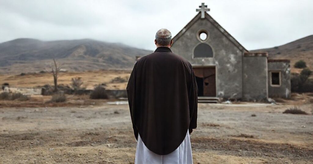 A traditional Catholic priest stands solemnly before a decaying conciliar church in Monterey, California, symbolizing spiritual destitution and the betrayal of the true Faith.