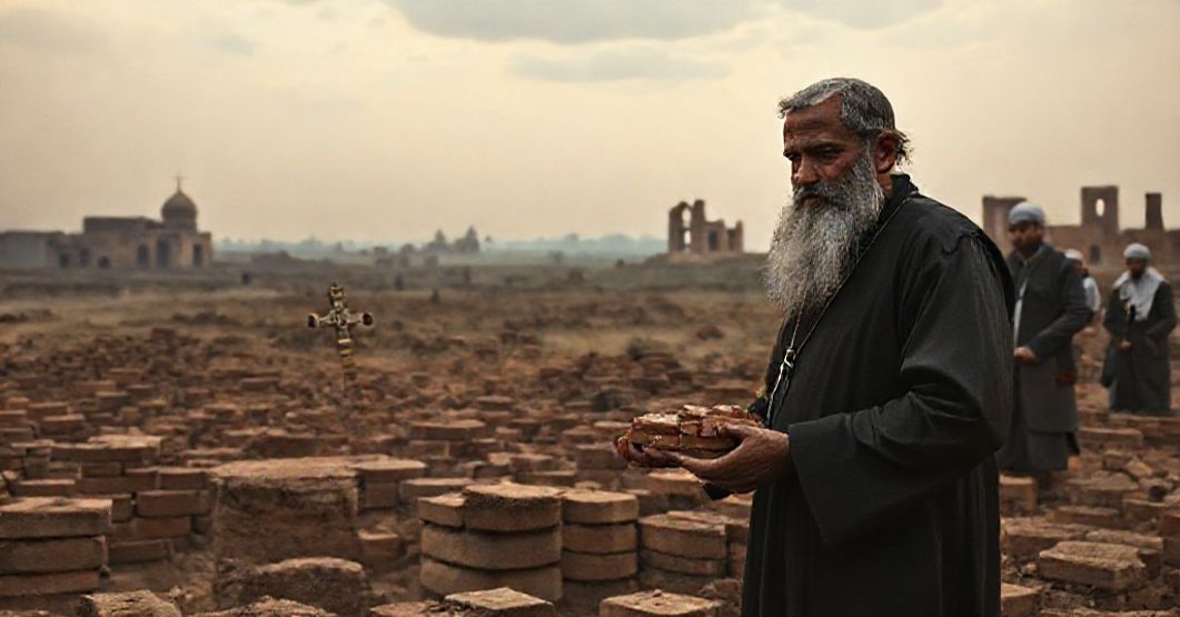 A sedevacantist priest and layman assisting Pakistani Christian slaves in brick kilns under a somber sky.