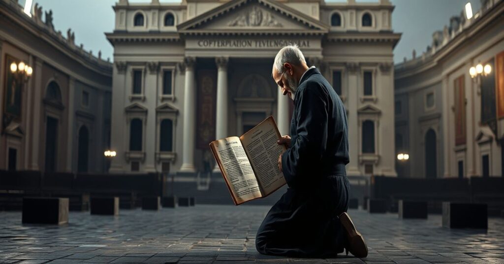 A sedevacantist priest kneeling in prayer before an empty St. Peter's Basilica, holding the Syllabus of Errors.