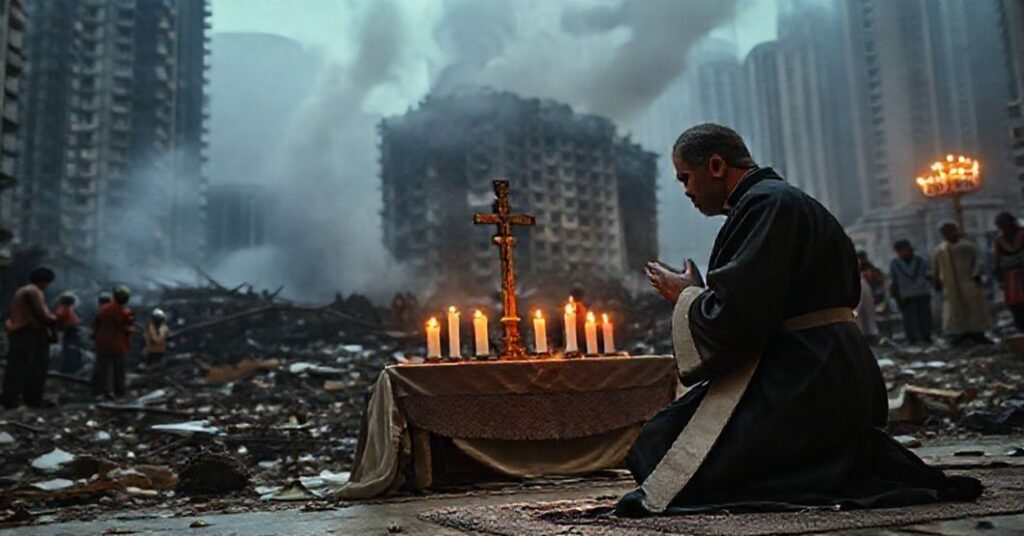 Sedevacantist priest praying for fire victims in Hong Kong amidst ruins and grief-stricken families.