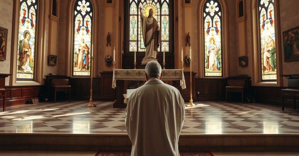Sedevacantist priest kneeling in prayer before an altar with Christ the King statue, holding Quas Primas encyclical.