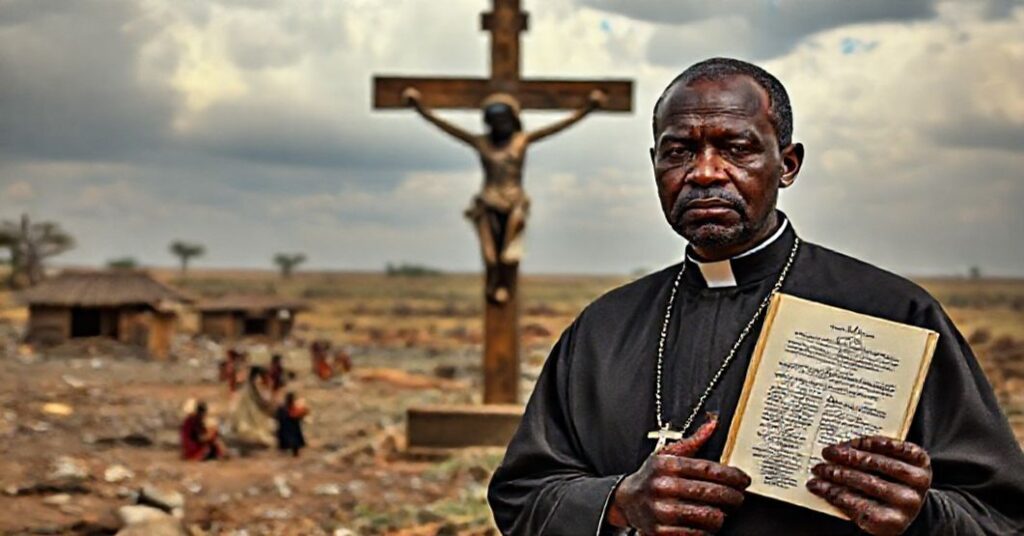 Sedevacantist Catholic priest in traditional vestments praying for Sudan's war-torn regions.