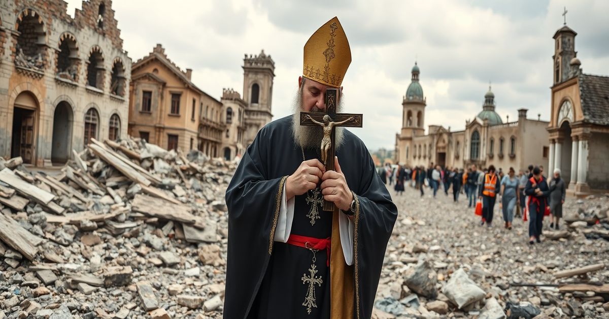 The Apostasy of Naturalistic 'Charity' in Ukraine Sedevacantist priest praying in the ruins of a war-torn Ukrainian church, emphasizing the absence of Christ in modern humanitarian aid.