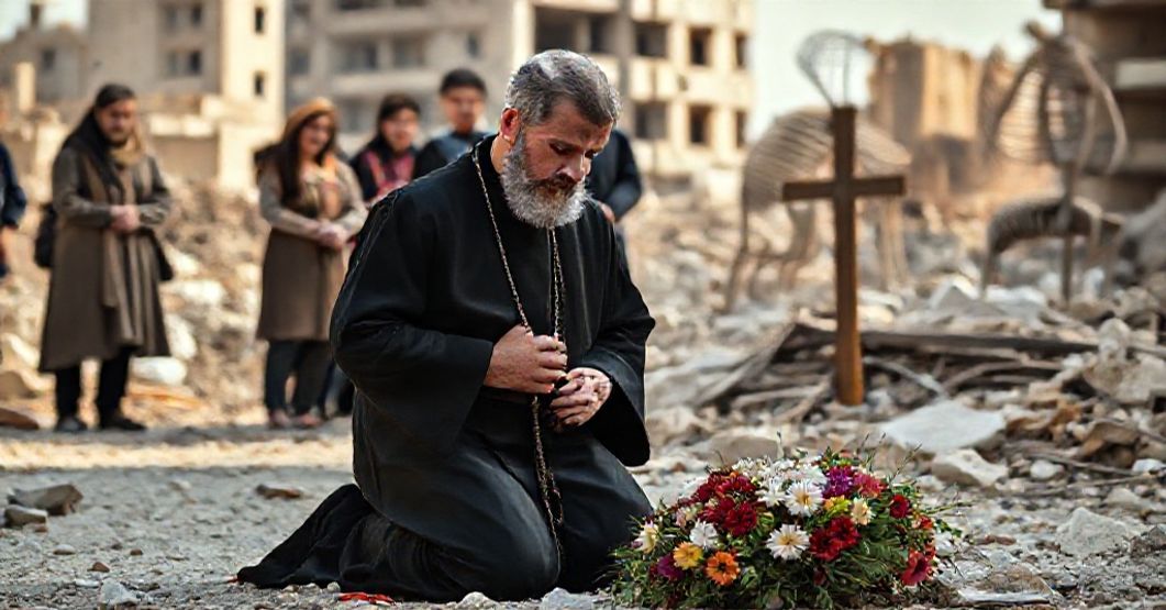 Sedevacantist priest praying at Beirut port explosion site with grieving families.