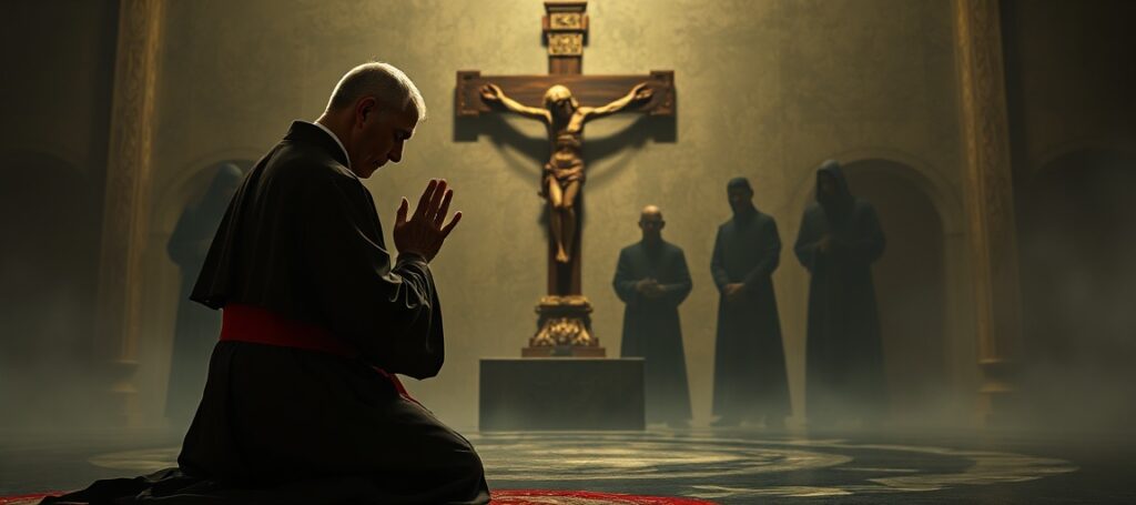 A reverent Catholic priest in traditional attire kneels in prayer before a crucifix, conveying solemnity and spiritual crisis amidst the persecution of Christians in Nigeria.