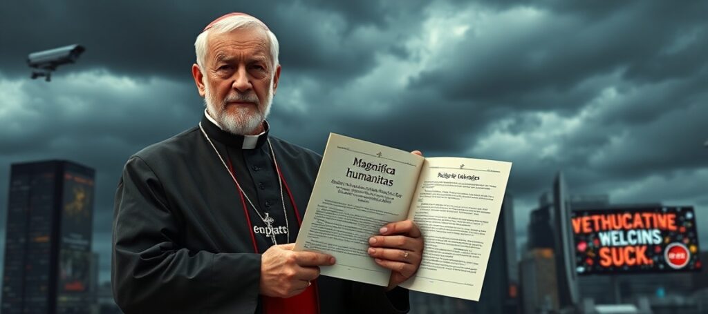 A sedevacantist Catholic priest in traditional vestments stands solemnly against a stormy sky, holding an encyclical by the antipope Leo XIV, symbolizing resistance to technocratic humanism.