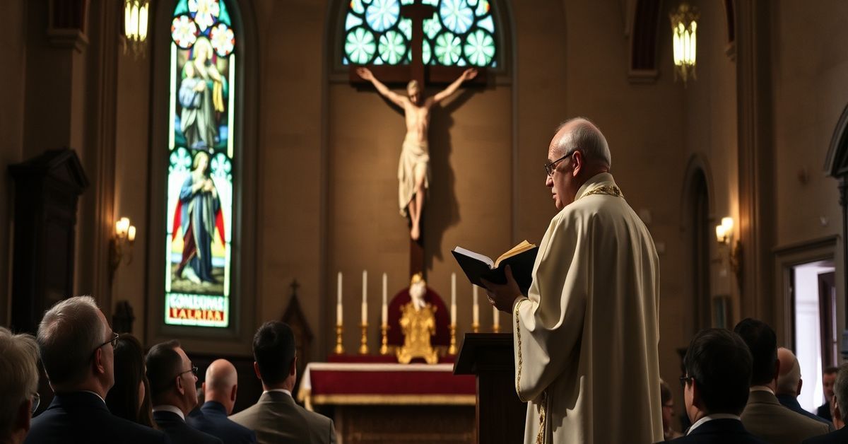 Sedevacantist priest delivering a solemn sermon in a traditional Catholic church on the apostasy of "Pope" Leo XIV and Modernism.