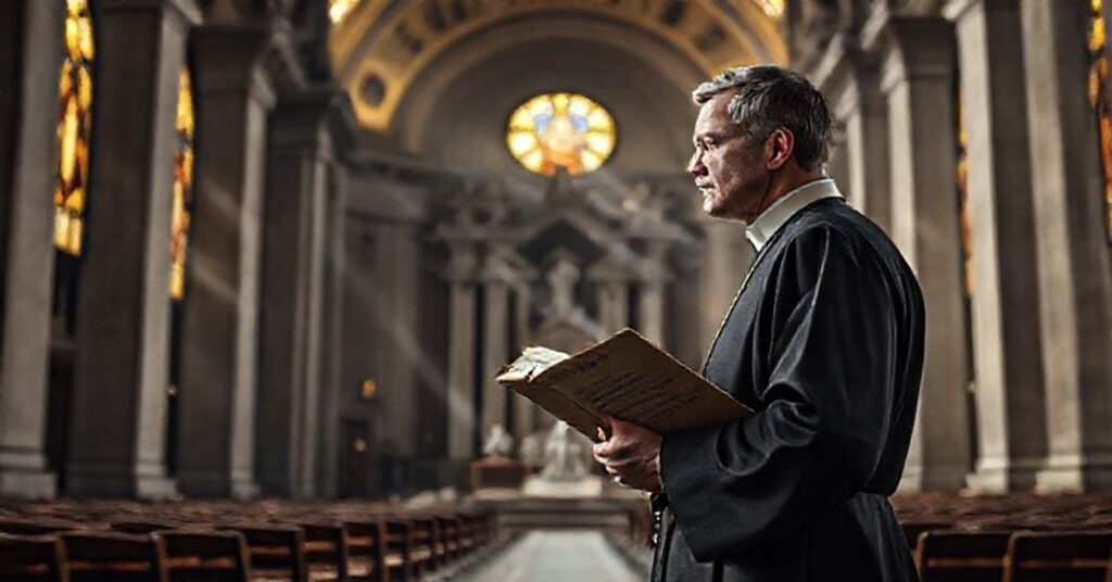 Sedevacantist priest in desolate St. Peter's Basilica holding Cum ex Apostolatus Officio.