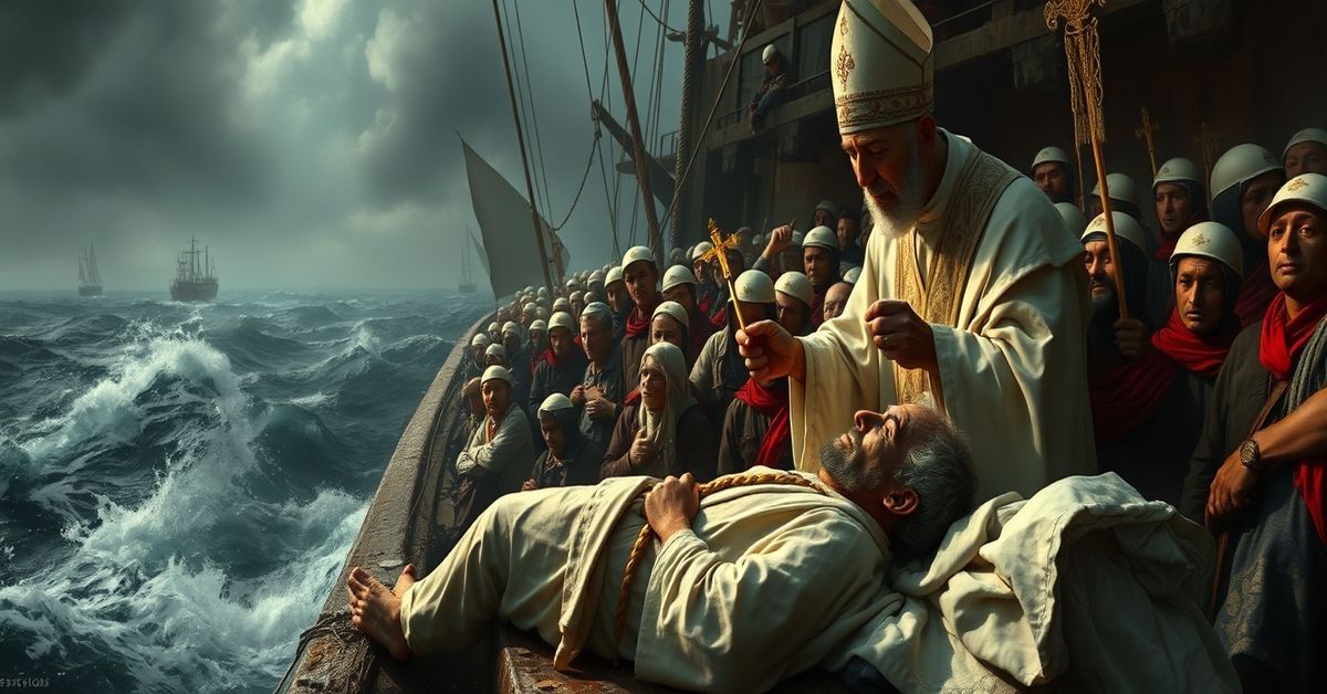 A somber depiction of stranded sailors near the Strait of Hormuz, with a sedevacantist priest administering sacraments amidst chaos, highlighting the true Church's supernatural mission.