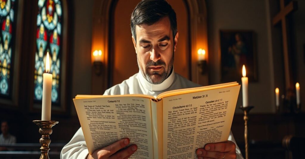 A Catholic priest studying Genesis and Matthew in a traditional chapel, highlighting divine truths against modernist distortions.