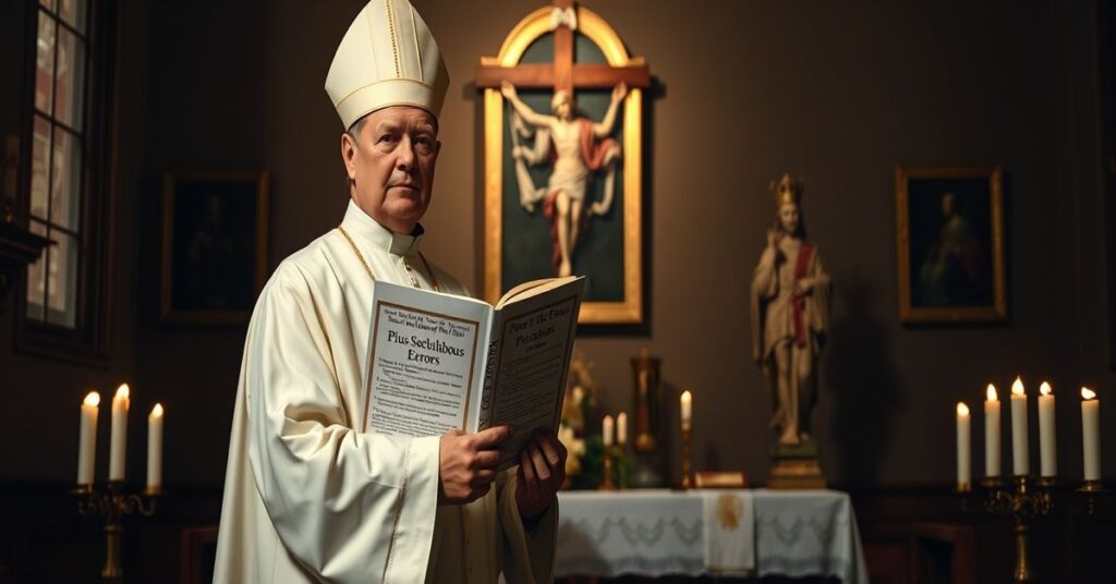 A sedevacantist priest in a traditional Catholic chapel holding the Syllabus of Errors before an altar with Christ the King statue.