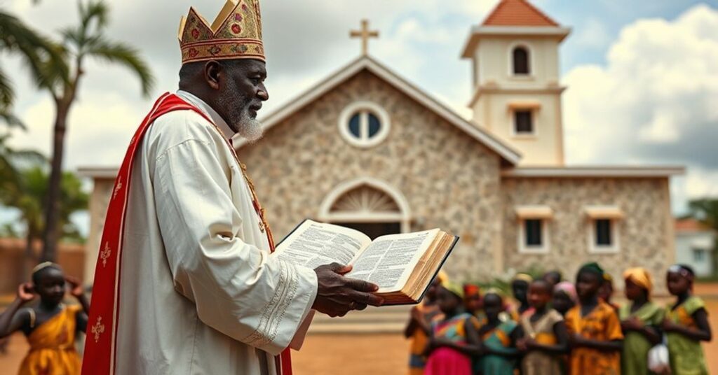 Sedevacantist priest teaching African children in front of traditional church amid modernist influence.