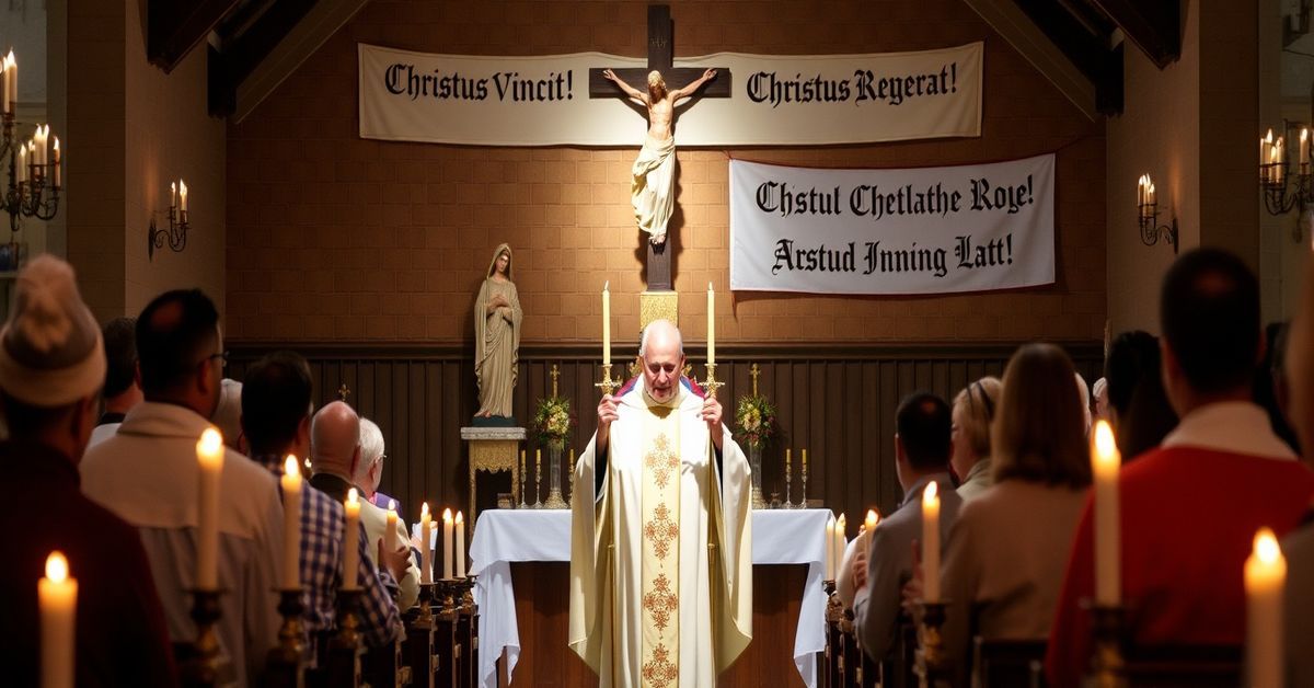 A sedevacantist priest celebrating the Traditional Latin Mass in a solemn chapel with devout Catholics.