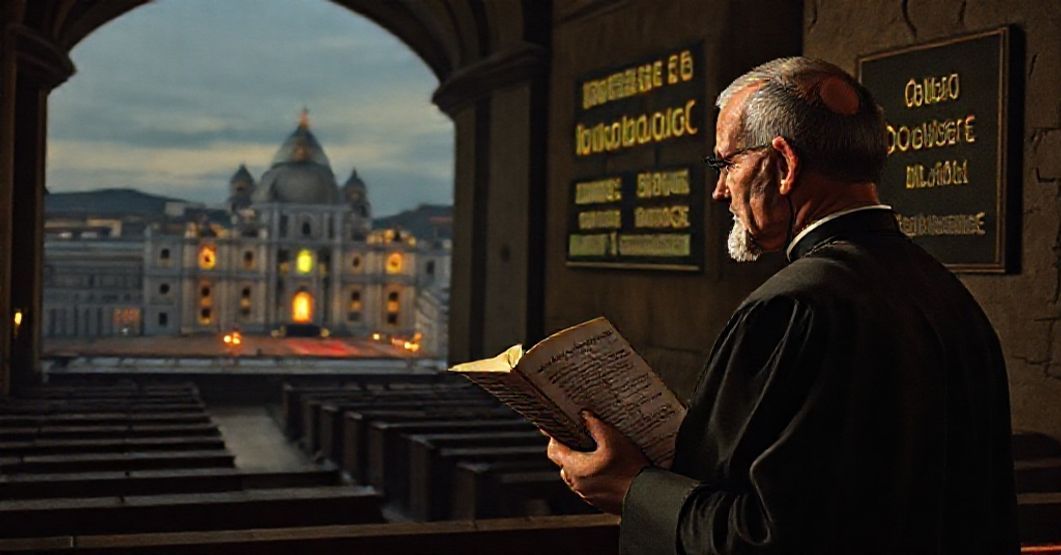 A traditional Catholic priest in a solemn church setting, holding doctrinal texts while gazing at a distant modernist Vatican City with false ecumenism slogans.