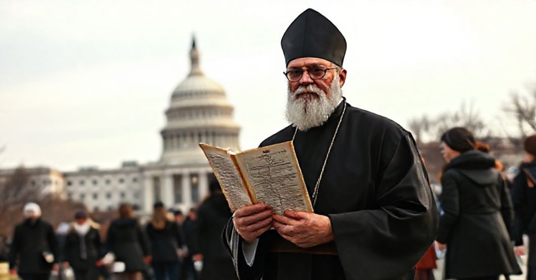 A sedevacantist priest holds a copy of the Syllabus of Errors in front of the U.S. Capitol, symbolizing America's spiritual crisis and the decline of true Catholicism.