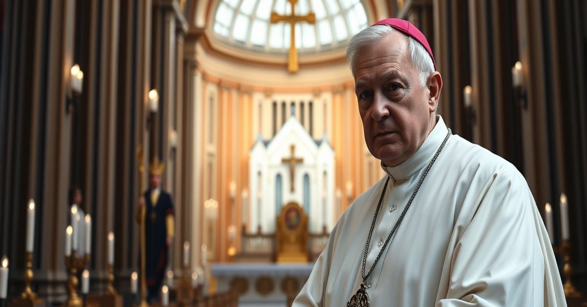 A traditional Catholic bishop in solemn reflection before an altar, symbolizing the sedevacantist critique of modernist apostasy in the U.S. Church.