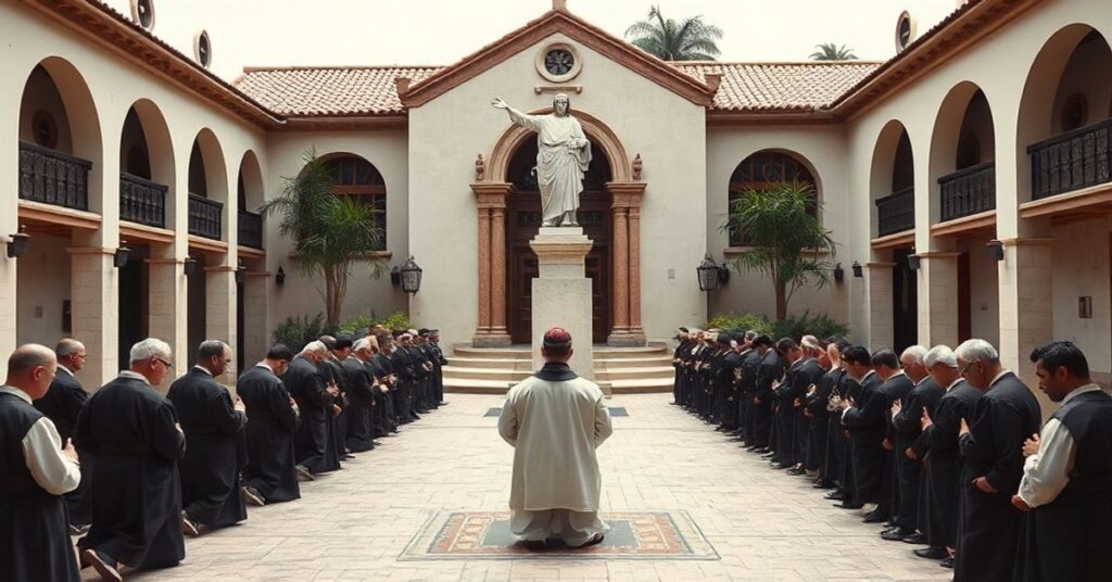 Seminarians kneeling before Christ the King statue in a traditional Mexican-inspired seminary courtyard, emphasizing Catholic kingship over conciliar cultural relativism.