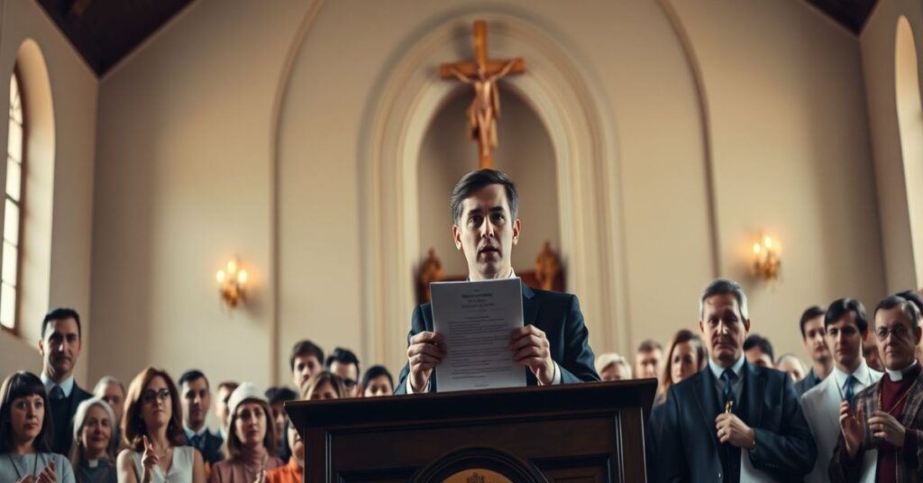 Senator Josh Hawley addressing a crowd with a traditional Catholic church in the background, symbolizing the struggle between secular legislation and divine law.