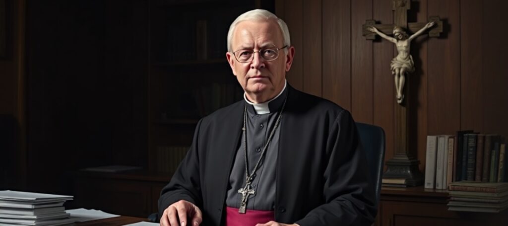 Monsignor Joseph Reilly in a dimly lit office with legal documents and a sealed Latham report, symbolizing institutional secrecy in the Seton Hall abuse scandal.