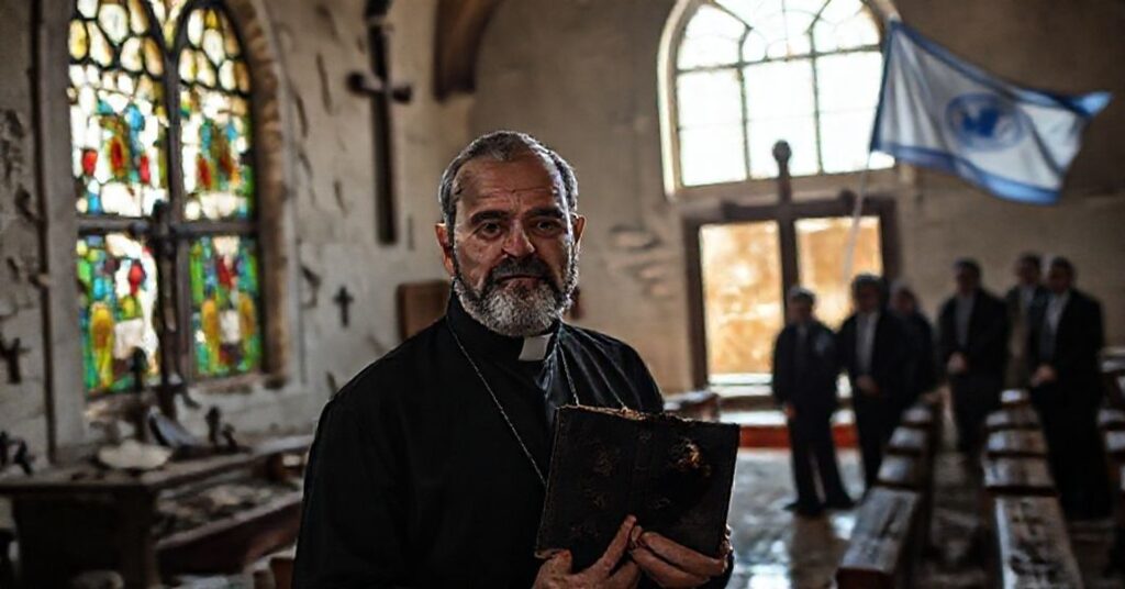 Fr. Bashar Fawadleh stands in front of a damaged church in Taybeh, West Bank, holding a burned Bible amid settler attacks.