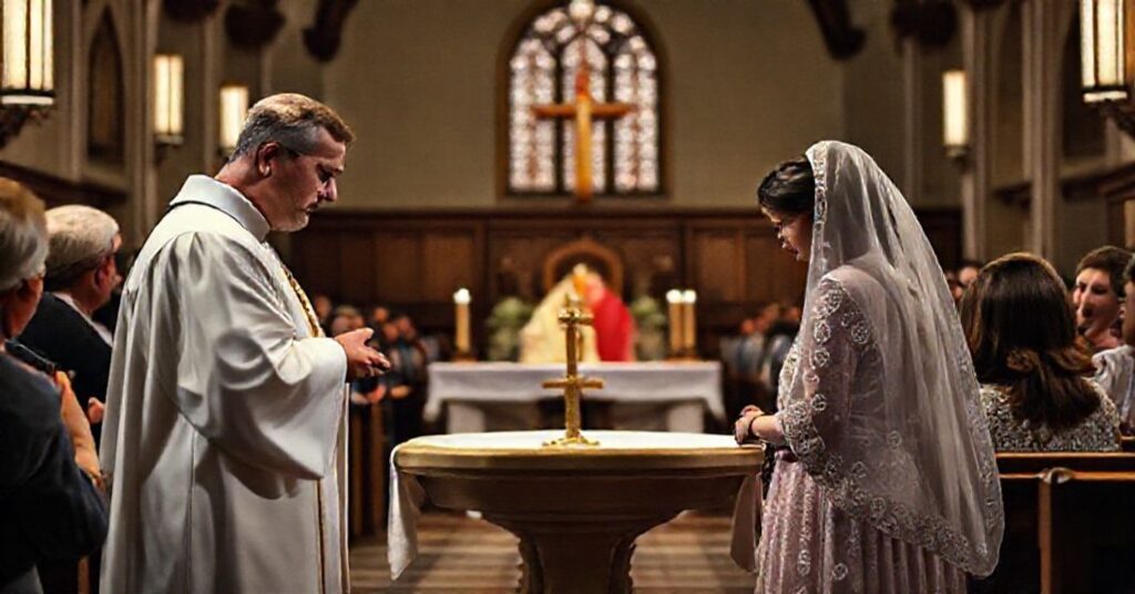 A reverent Catholic baptism scene in a traditional church with a solemn priest and a young woman with Down syndrome as godmother.