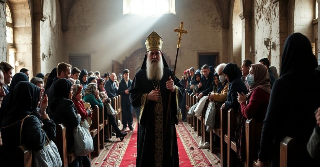 Archbishop Sviatoslav Shevchuk in a war-torn Ukrainian church amid displaced civilians, symbolizing humanitarian crisis and modernist apostasy.