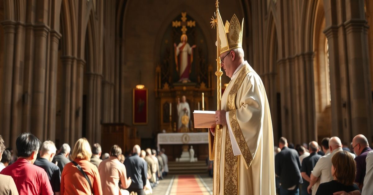 Traditional Catholic priest in 1962 Roman rite vestments before the Shrine of St. Joseph in St. Louis, Missouri.